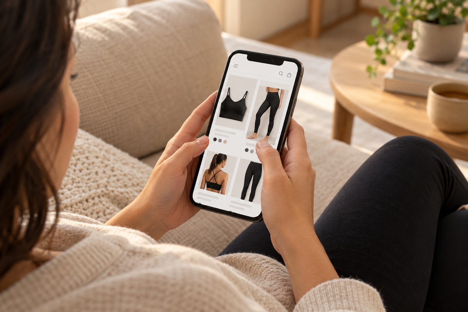 Pessoa escolhendo peças de activewear em um celular.