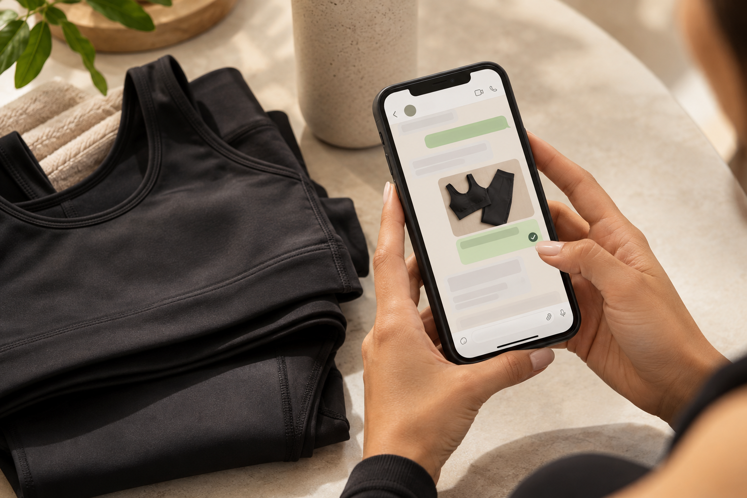 Pessoa confirmando um pedido de activewear em uma conversa no celular.